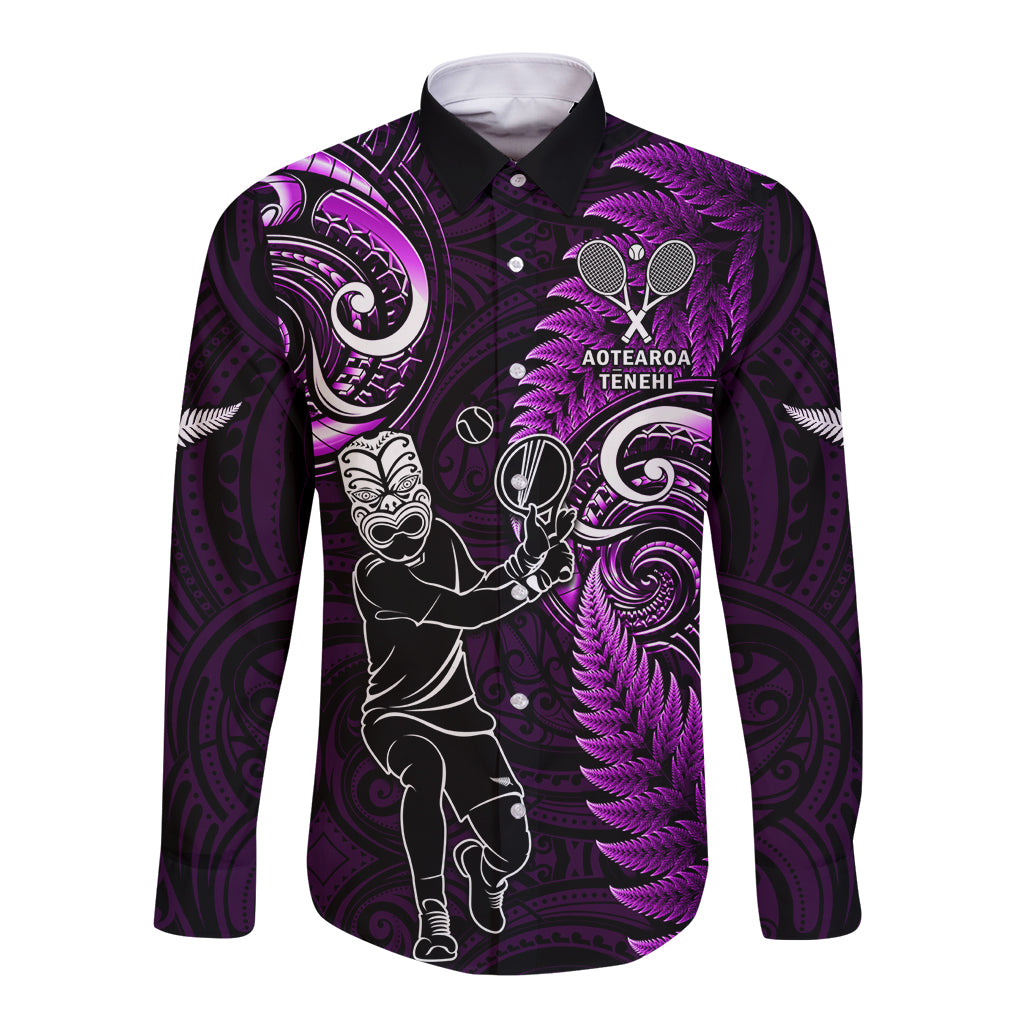 New Zealand Tiki Tennis Long Sleeve Button Shirt 2024 Aotearoa Tenehi Maori Silver Fern - Purple - Vibe Hoodie Shop