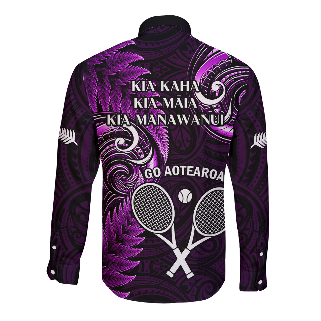 New Zealand Tiki Tennis Long Sleeve Button Shirt 2024 Aotearoa Tenehi Maori Silver Fern - Purple - Vibe Hoodie Shop