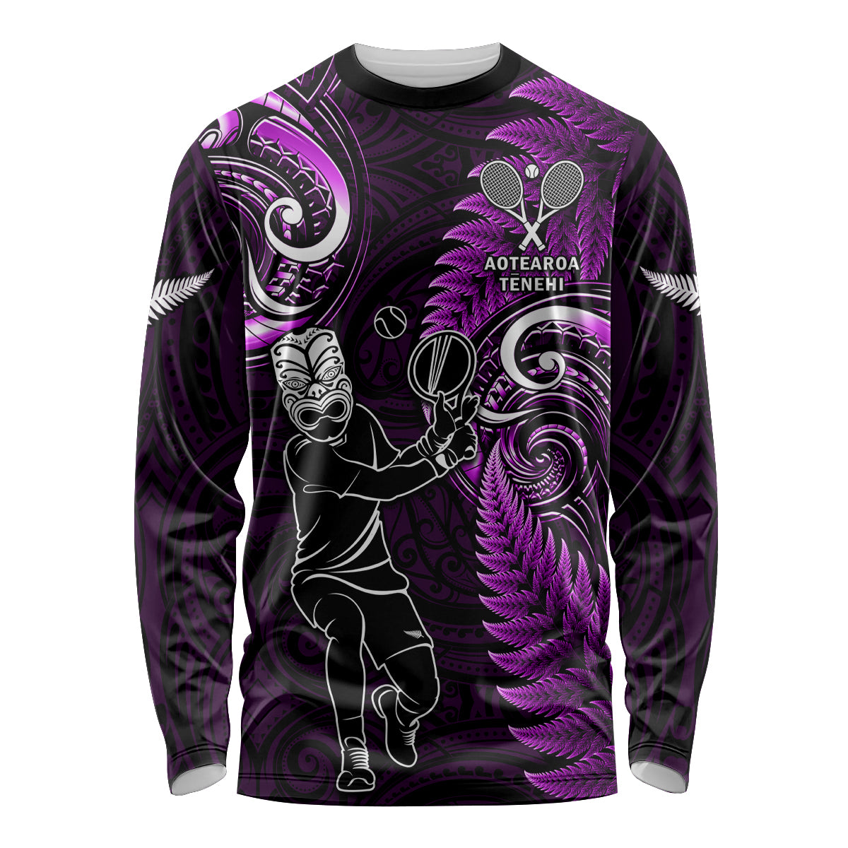 New Zealand Tiki Tennis Long Sleeve Shirt 2024 Aotearoa Tenehi Maori Silver Fern - Purple - Vibe Hoodie Shop