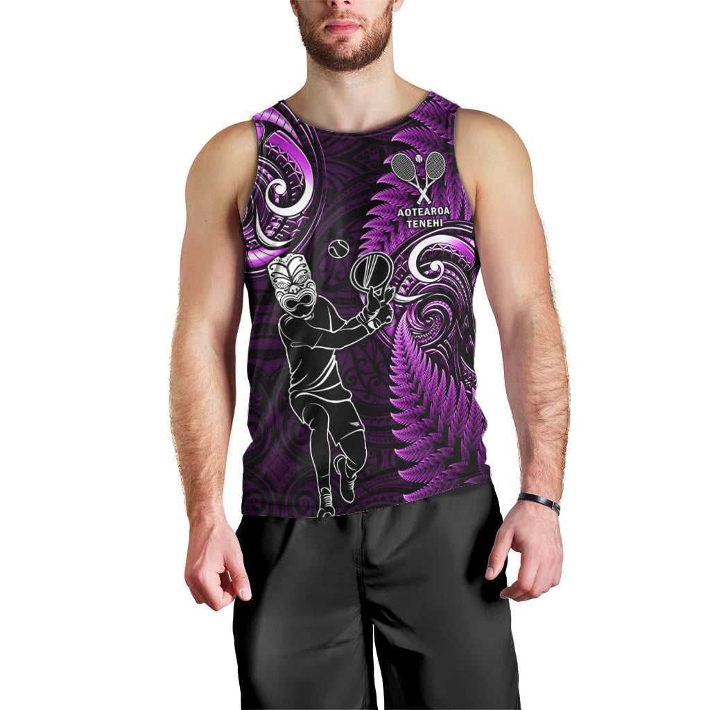 New Zealand Tiki Tennis Men Tank Top 2024 Aotearoa Tenehi Maori Silver Fern - Purple - Vibe Hoodie Shop