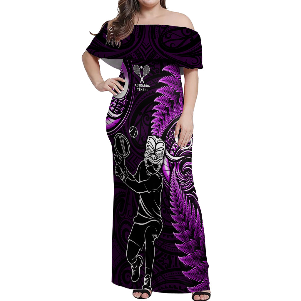 New Zealand Tiki Tennis Off Shoulder Maxi Dress 2024 Aotearoa Tenehi Maori Silver Fern - Purple