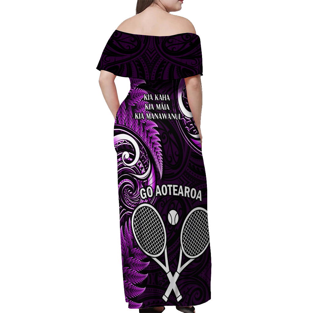 New Zealand Tiki Tennis Off Shoulder Maxi Dress 2024 Aotearoa Tenehi Maori Silver Fern - Purple