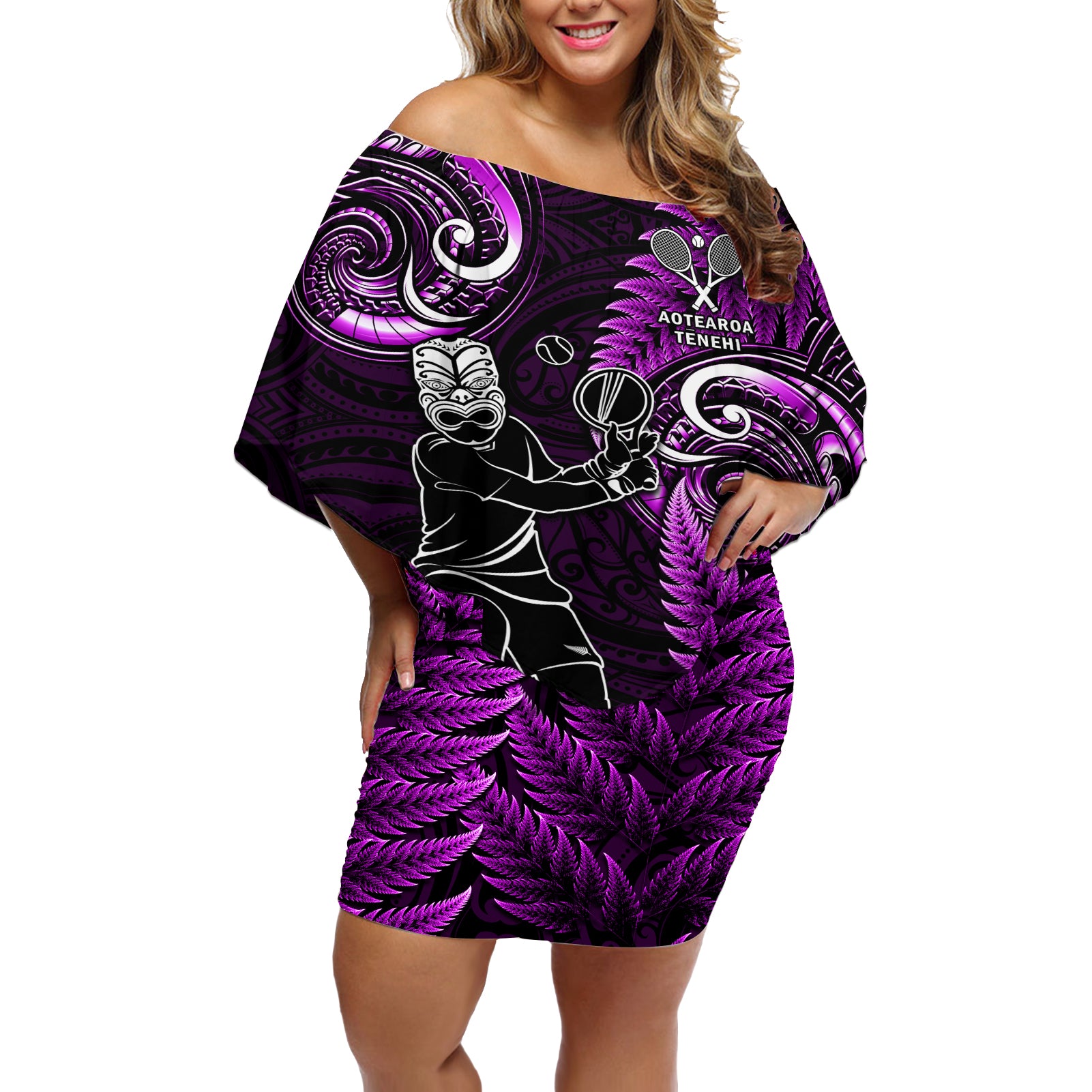 New Zealand Tiki Tennis Off Shoulder Short Dress 2024 Aotearoa Tenehi Maori Silver Fern - Purple