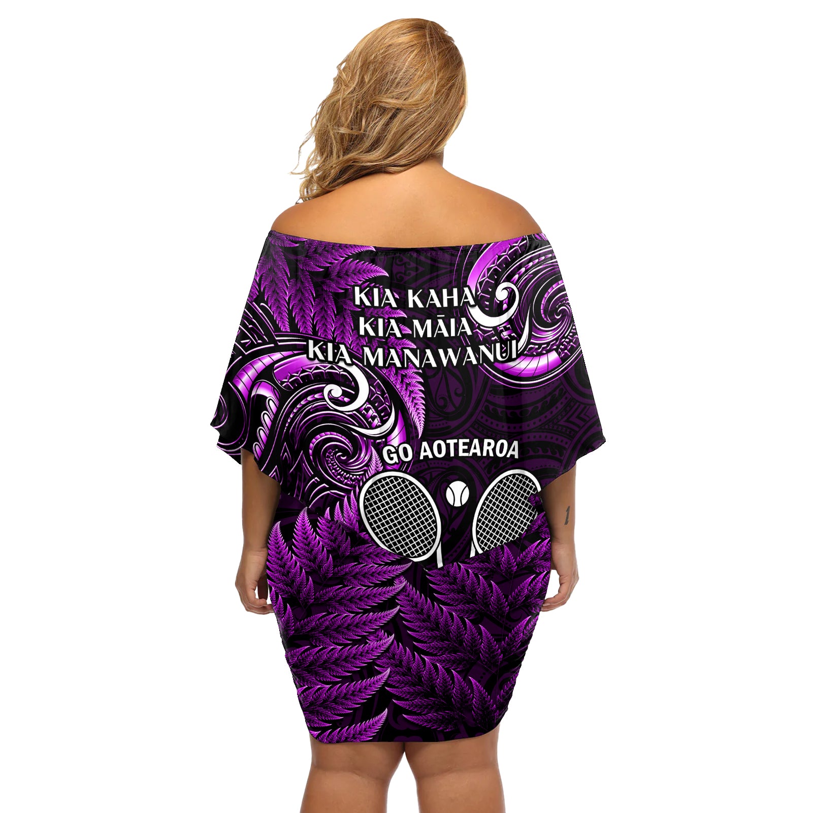 New Zealand Tiki Tennis Off Shoulder Short Dress 2024 Aotearoa Tenehi Maori Silver Fern - Purple