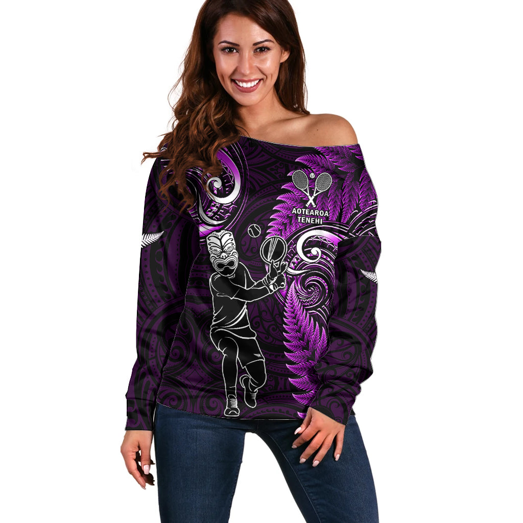 New Zealand Tiki Tennis Off Shoulder Sweater 2024 Aotearoa Tenehi Maori Silver Fern - Purple - Vibe Hoodie Shop