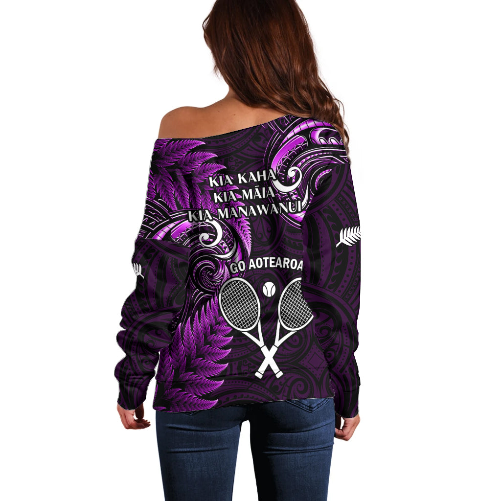 New Zealand Tiki Tennis Off Shoulder Sweater 2024 Aotearoa Tenehi Maori Silver Fern - Purple - Vibe Hoodie Shop