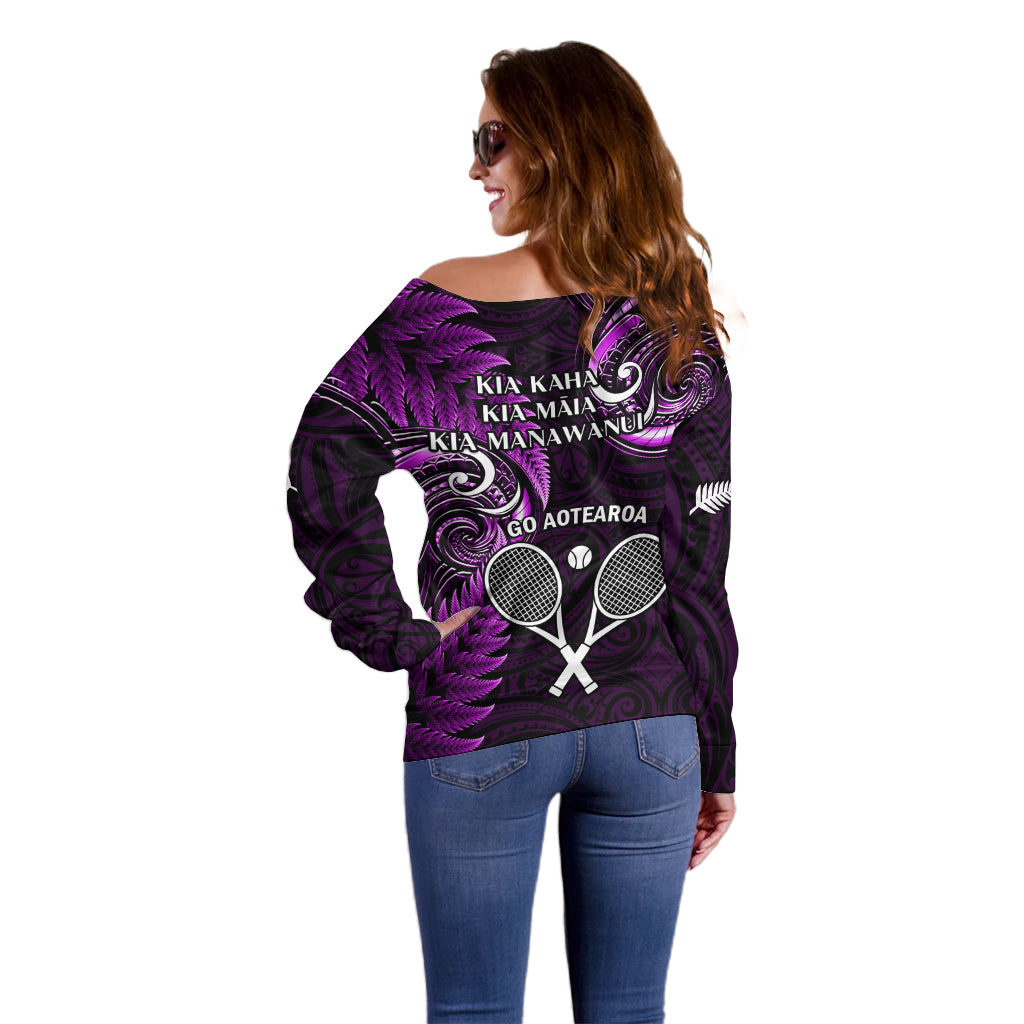 New Zealand Tiki Tennis Off Shoulder Sweater 2024 Aotearoa Tenehi Maori Silver Fern - Purple - Vibe Hoodie Shop