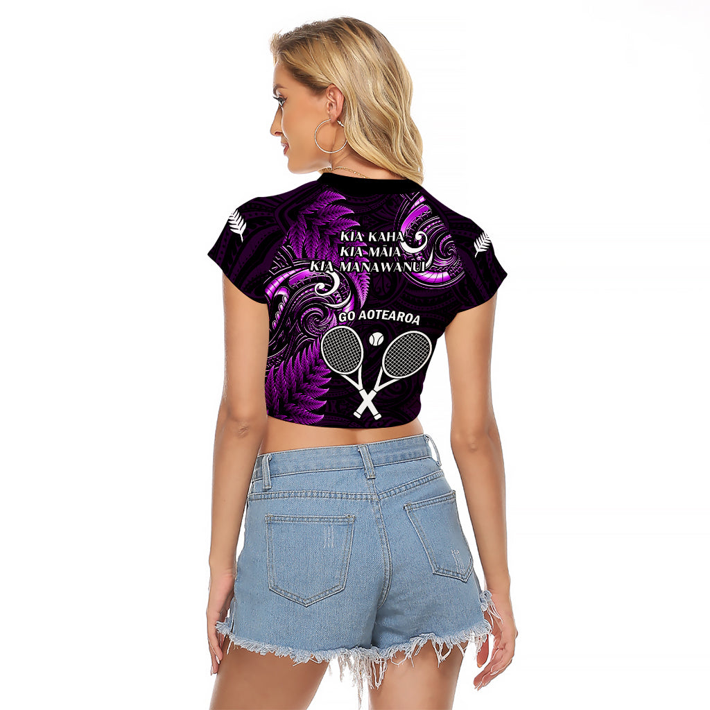 New Zealand Tiki Tennis Raglan Cropped T Shirt 2024 Aotearoa Tenehi Maori Silver Fern - Purple - Vibe Hoodie Shop