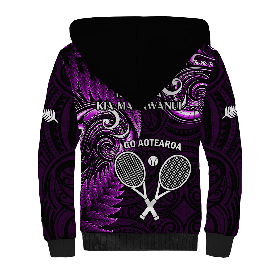 New Zealand Tiki Tennis Sherpa Hoodie 2024 Aotearoa Tenehi Maori Silver Fern - Purple - Vibe Hoodie Shop