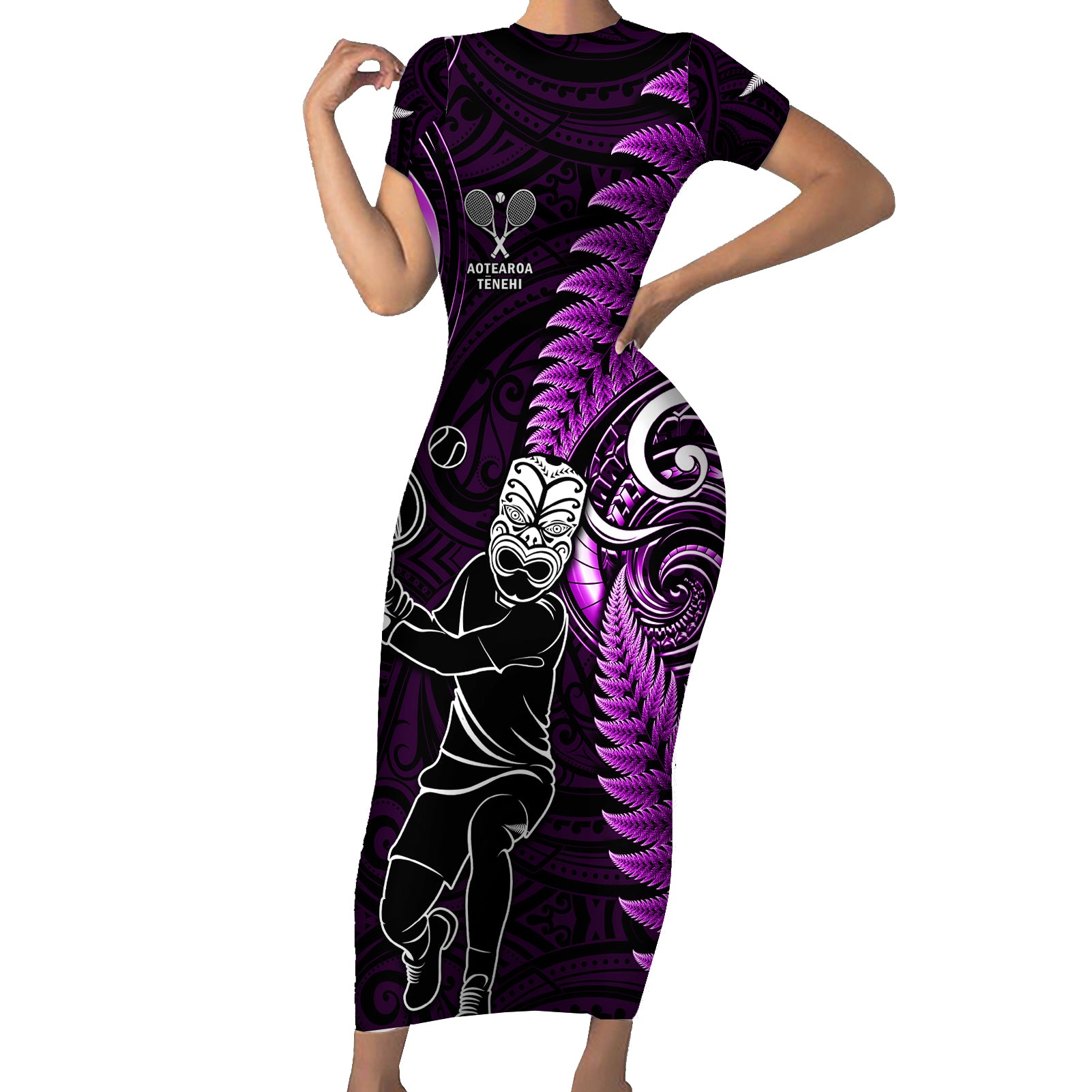 New Zealand Tiki Tennis Short Sleeve Bodycon Dress 2024 Aotearoa Tenehi Maori Silver Fern - Purple