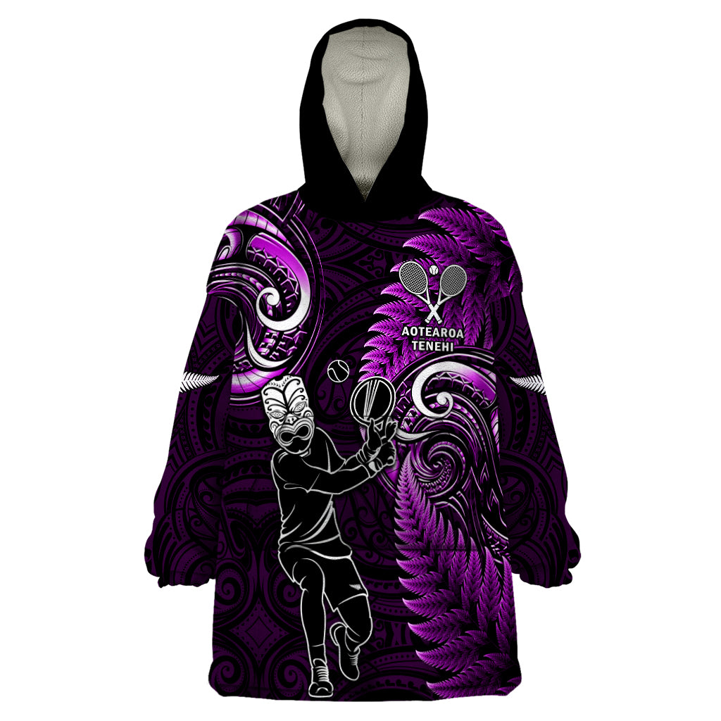 New Zealand Tiki Tennis Wearable Blanket Hoodie 2024 Aotearoa Tenehi Maori Silver Fern - Purple - Vibe Hoodie Shop