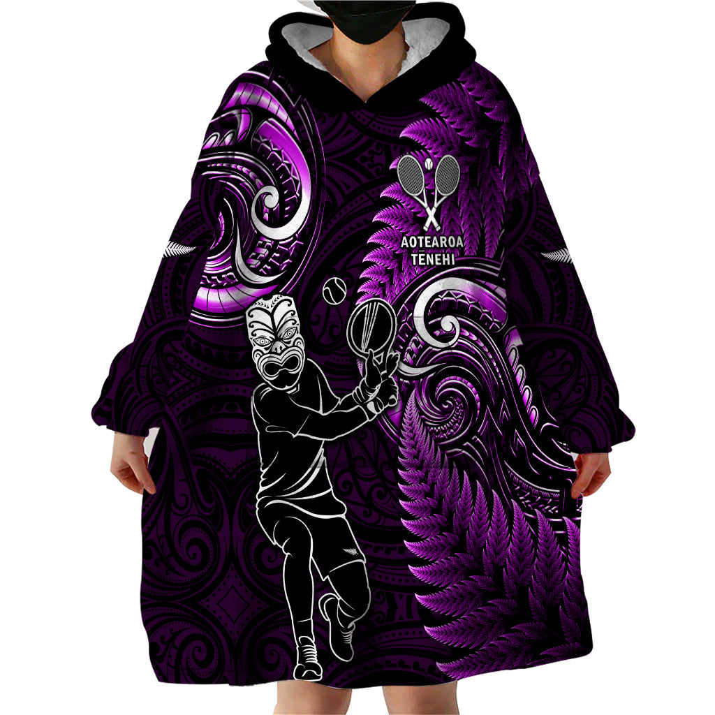 New Zealand Tiki Tennis Wearable Blanket Hoodie 2024 Aotearoa Tenehi Maori Silver Fern - Purple - Vibe Hoodie Shop