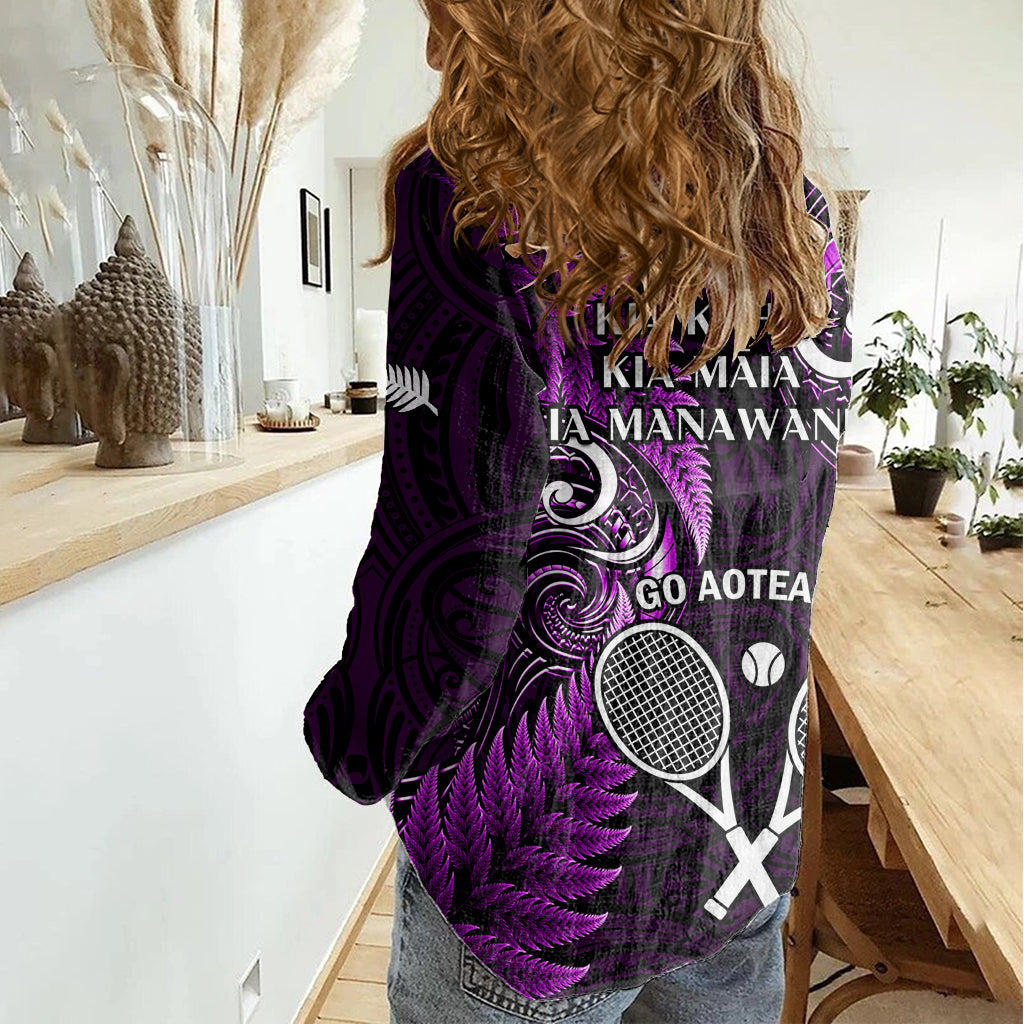 New Zealand Tiki Tennis Women Casual Shirt 2024 Aotearoa Tenehi Maori Silver Fern - Purple - Vibe Hoodie Shop