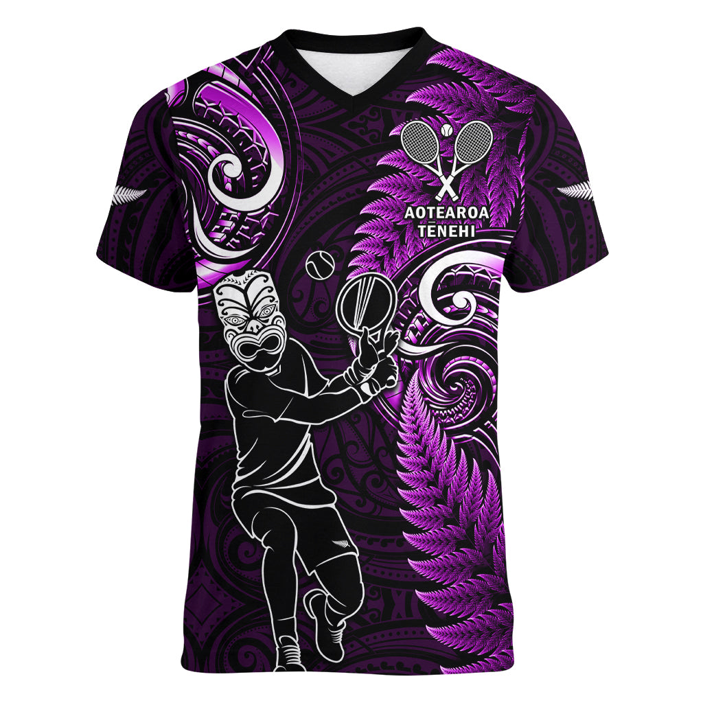 New Zealand Tiki Tennis Women V Neck T Shirt 2024 Aotearoa Tenehi Maori Silver Fern - Purple - Vibe Hoodie Shop