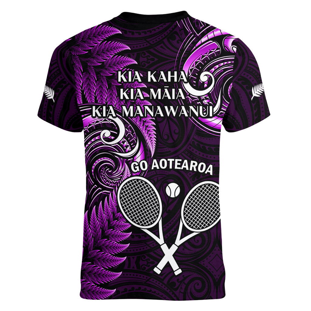 New Zealand Tiki Tennis Women V Neck T Shirt 2024 Aotearoa Tenehi Maori Silver Fern - Purple - Vibe Hoodie Shop