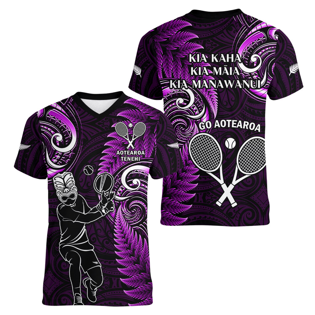 New Zealand Tiki Tennis Women V Neck T Shirt 2024 Aotearoa Tenehi Maori Silver Fern - Purple - Vibe Hoodie Shop