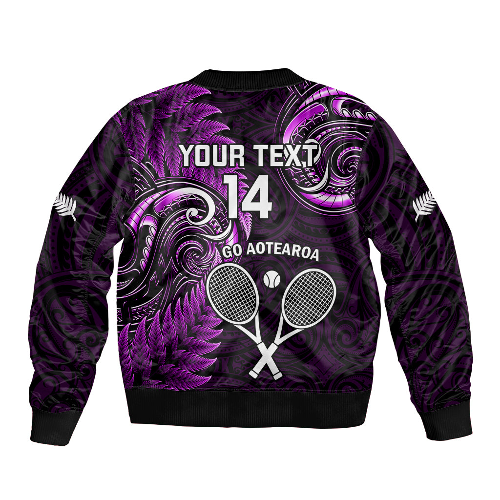 Custom New Zealand Tiki Tennis Bomber Jacket 2024 Aotearoa Tenehi Maori Silver Fern - Purple - Vibe Hoodie Shop