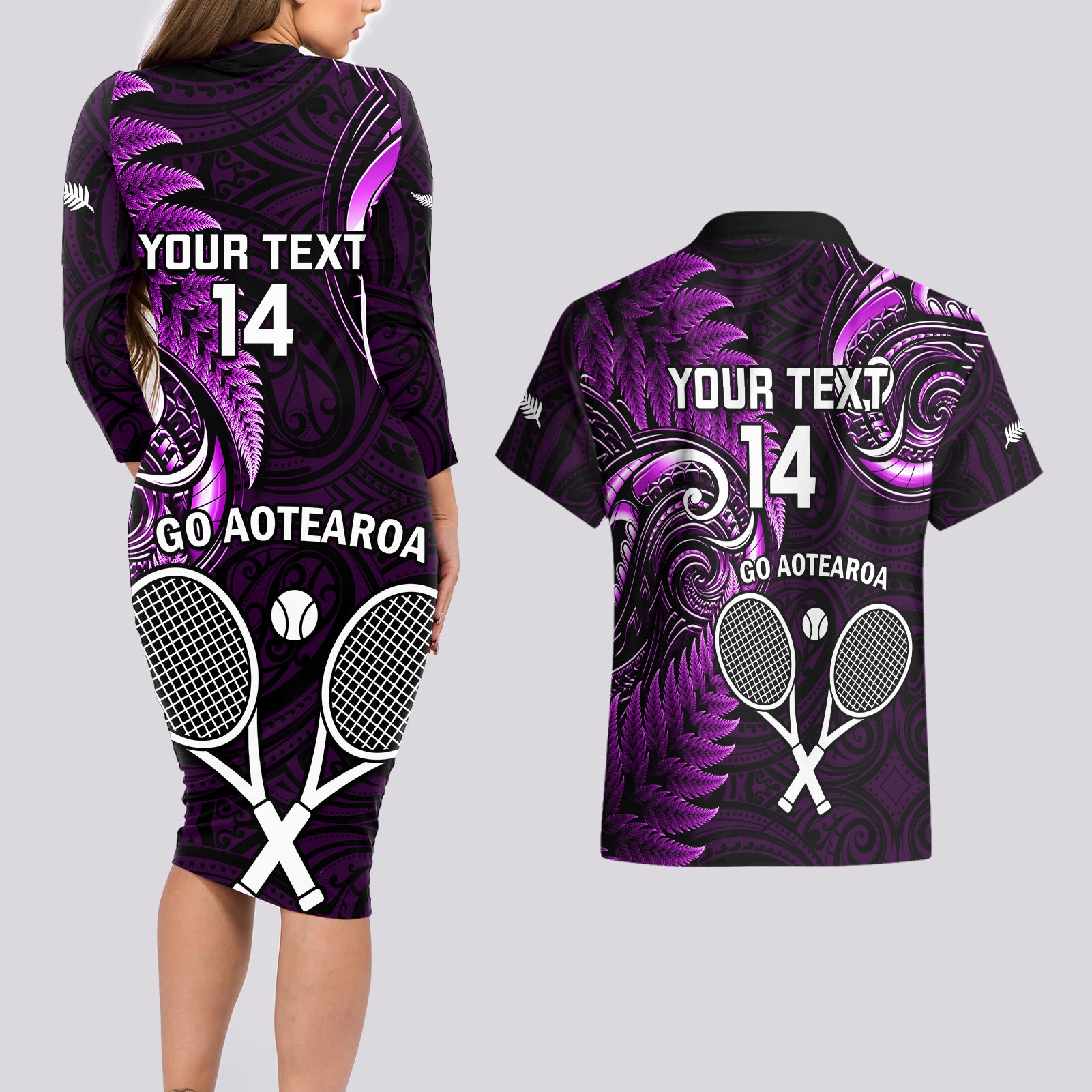 Custom New Zealand Tiki Tennis Couples Matching Long Sleeve Bodycon Dress and Hawaiian Shirt 2024 Aotearoa Tenehi Maori Silver Fern - Purple