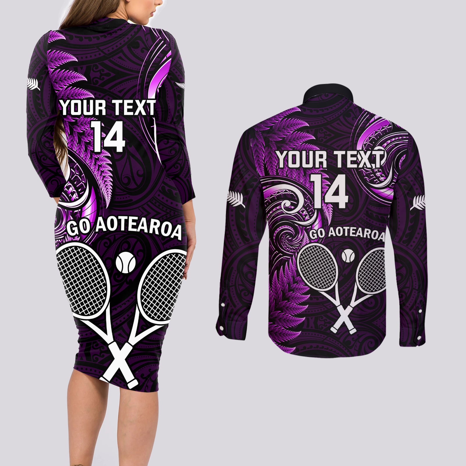 Custom New Zealand Tiki Tennis Couples Matching Long Sleeve Bodycon Dress and Long Sleeve Button Shirt 2024 Aotearoa Tenehi Maori Silver Fern - Purple