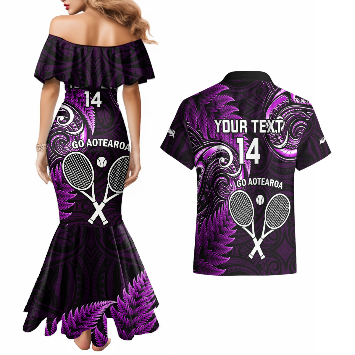 Custom New Zealand Tiki Tennis Couples Matching Mermaid Dress and Hawaiian Shirt 2024 Aotearoa Tenehi Maori Silver Fern - Purple