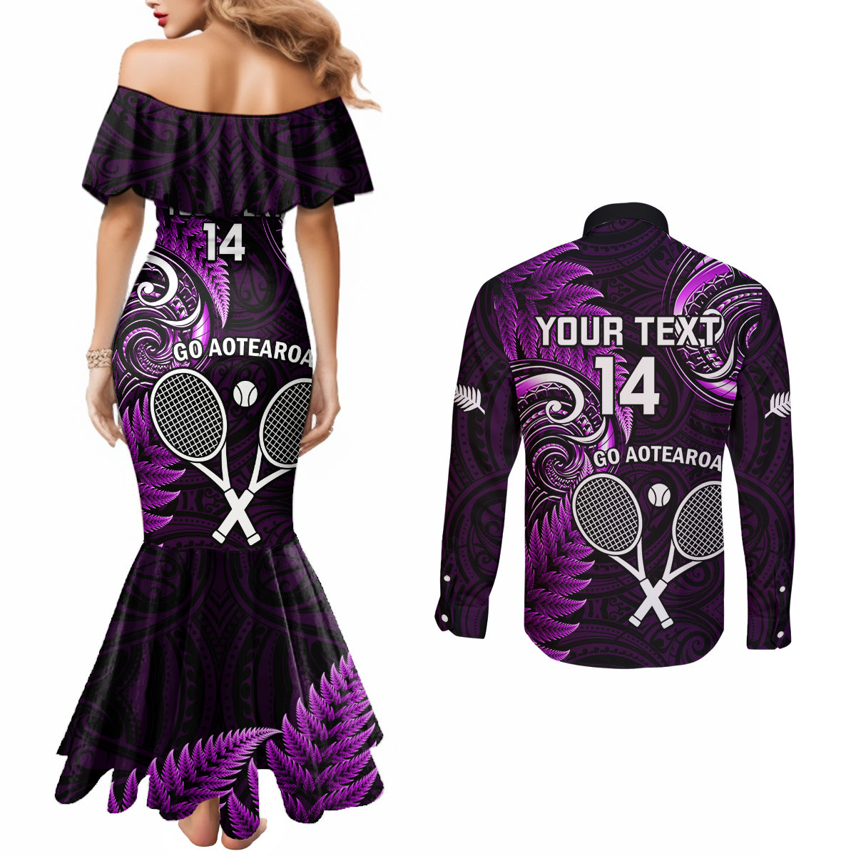 Custom New Zealand Tiki Tennis Couples Matching Mermaid Dress and Long Sleeve Button Shirt 2024 Aotearoa Tenehi Maori Silver Fern - Purple