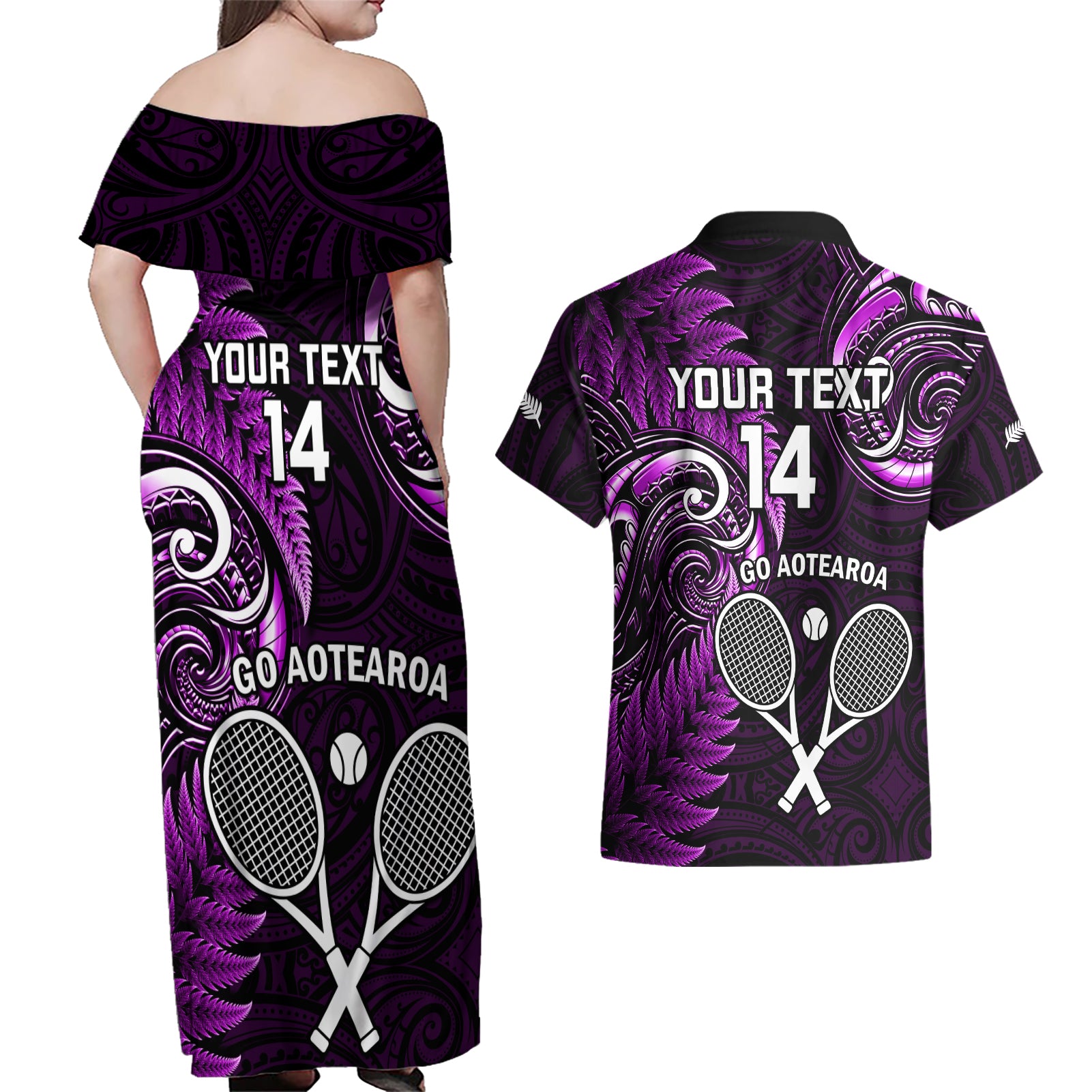 Custom New Zealand Tiki Tennis Couples Matching Off Shoulder Maxi Dress and Hawaiian Shirt 2024 Aotearoa Tenehi Maori Silver Fern - Purple