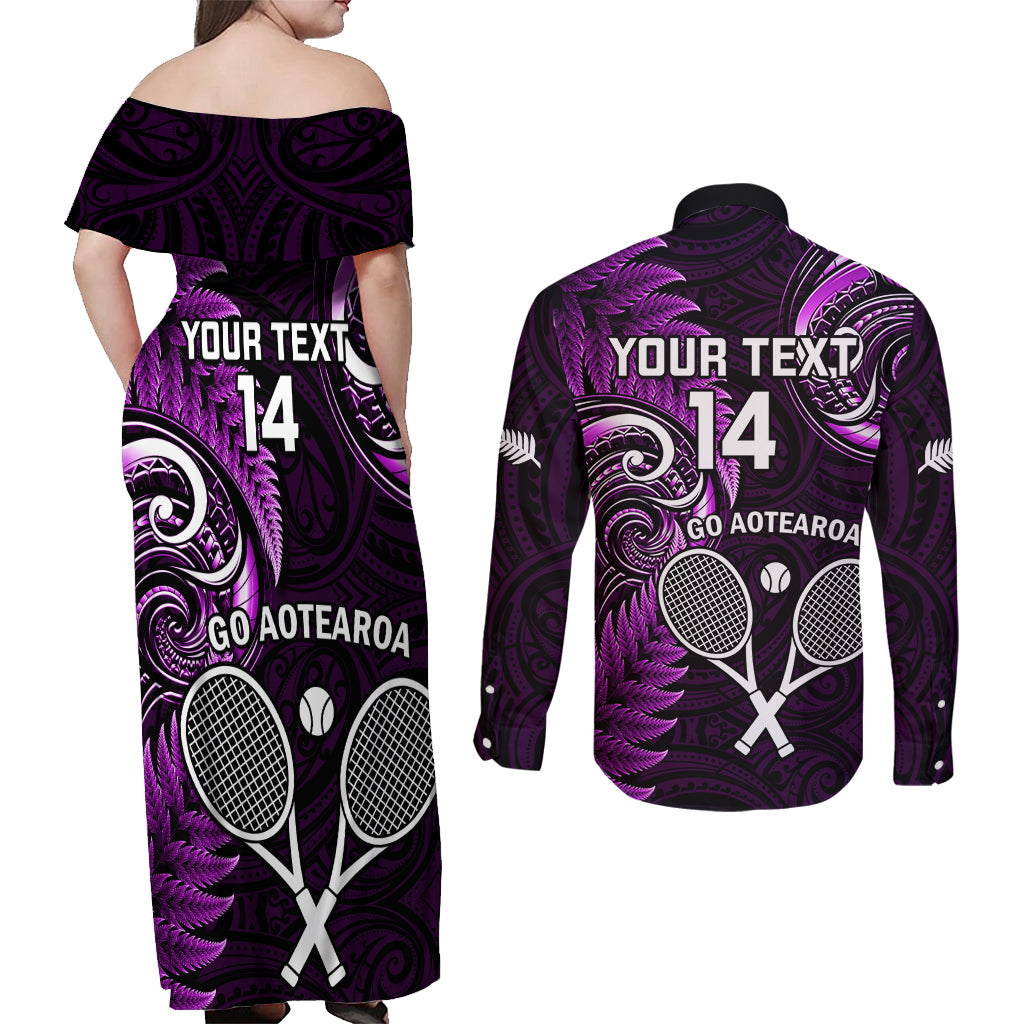 Custom New Zealand Tiki Tennis Couples Matching Off Shoulder Maxi Dress and Long Sleeve Button Shirt 2024 Aotearoa Tenehi Maori Silver Fern - Purple