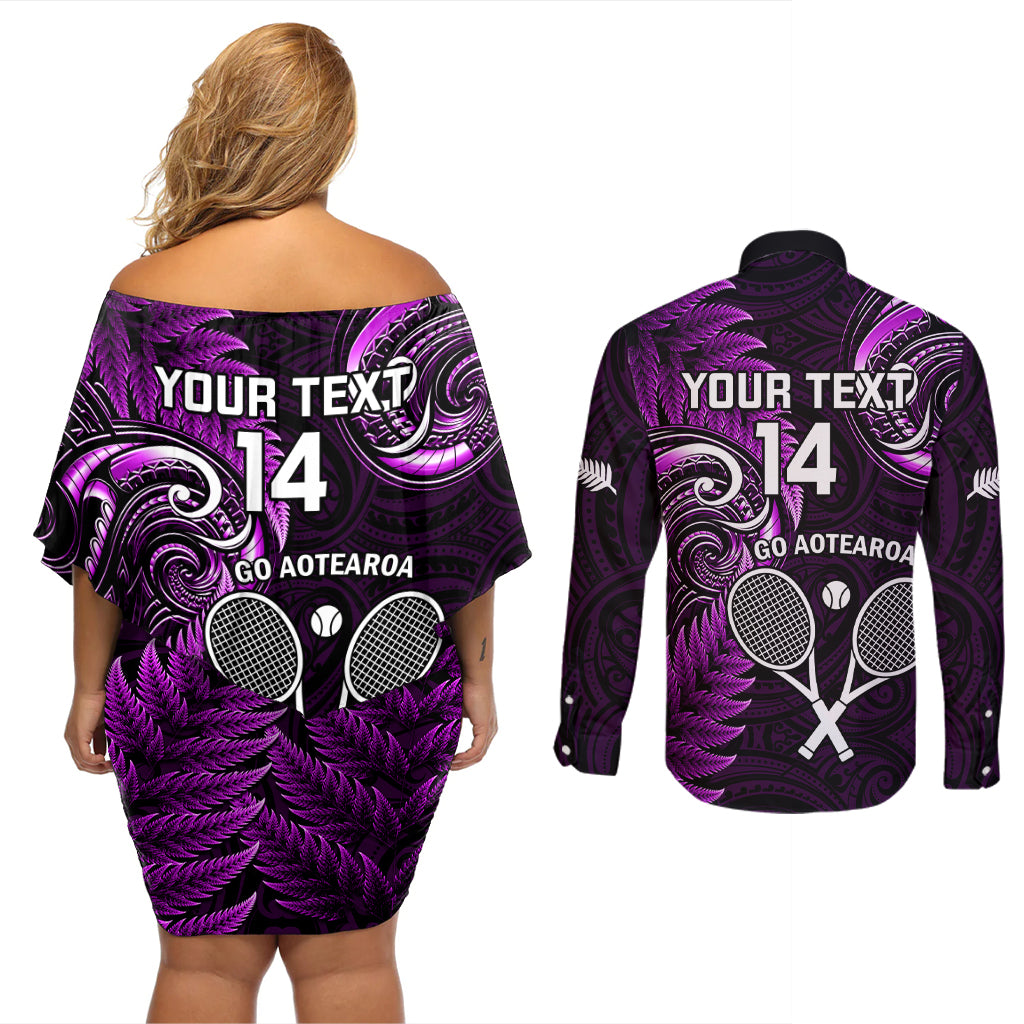 Custom New Zealand Tiki Tennis Couples Matching Off Shoulder Short Dress and Long Sleeve Button Shirt 2024 Aotearoa Tenehi Maori Silver Fern - Purple