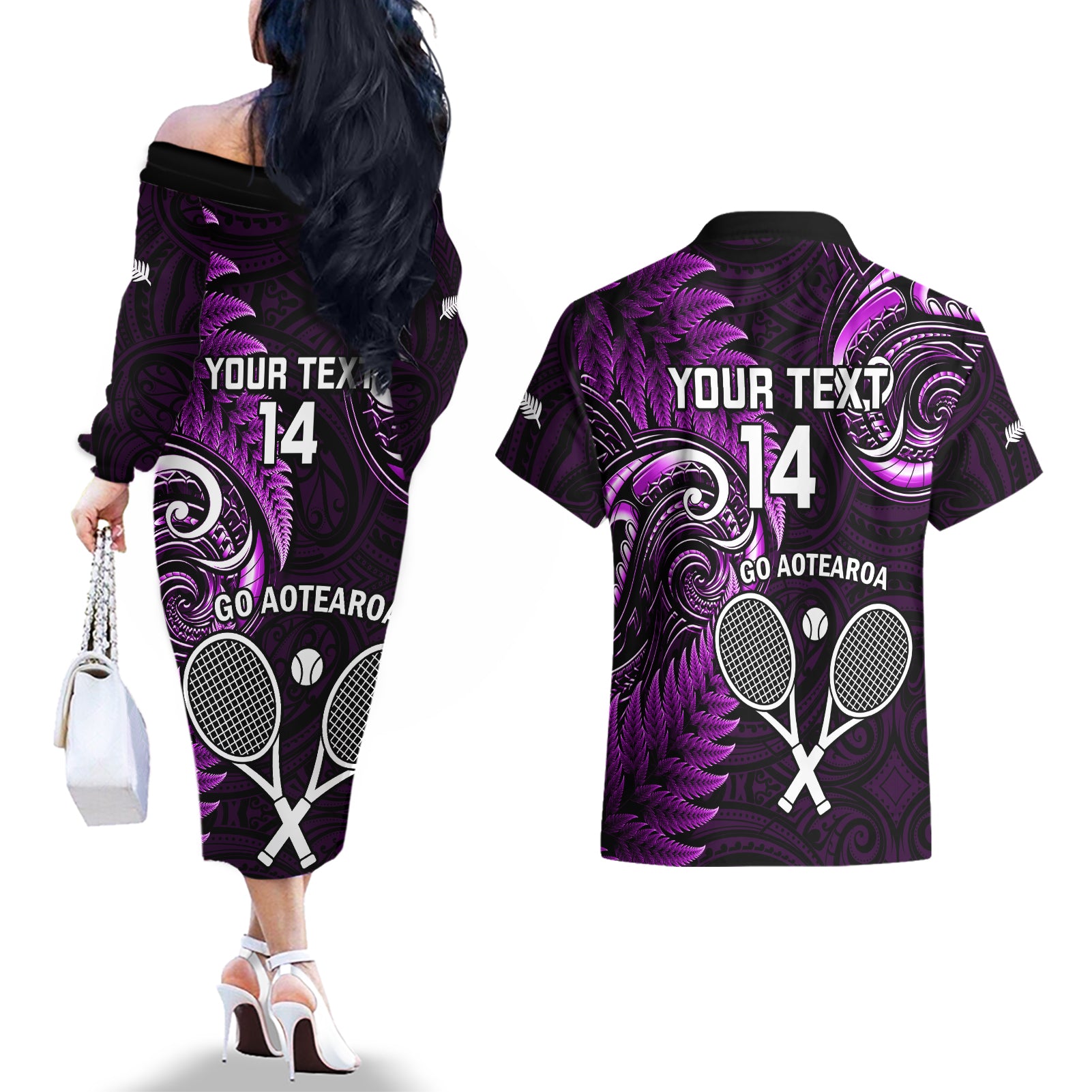 Custom New Zealand Tiki Tennis Couples Matching Off The Shoulder Long Sleeve Dress and Hawaiian Shirt 2024 Aotearoa Tenehi Maori Silver Fern - Purple