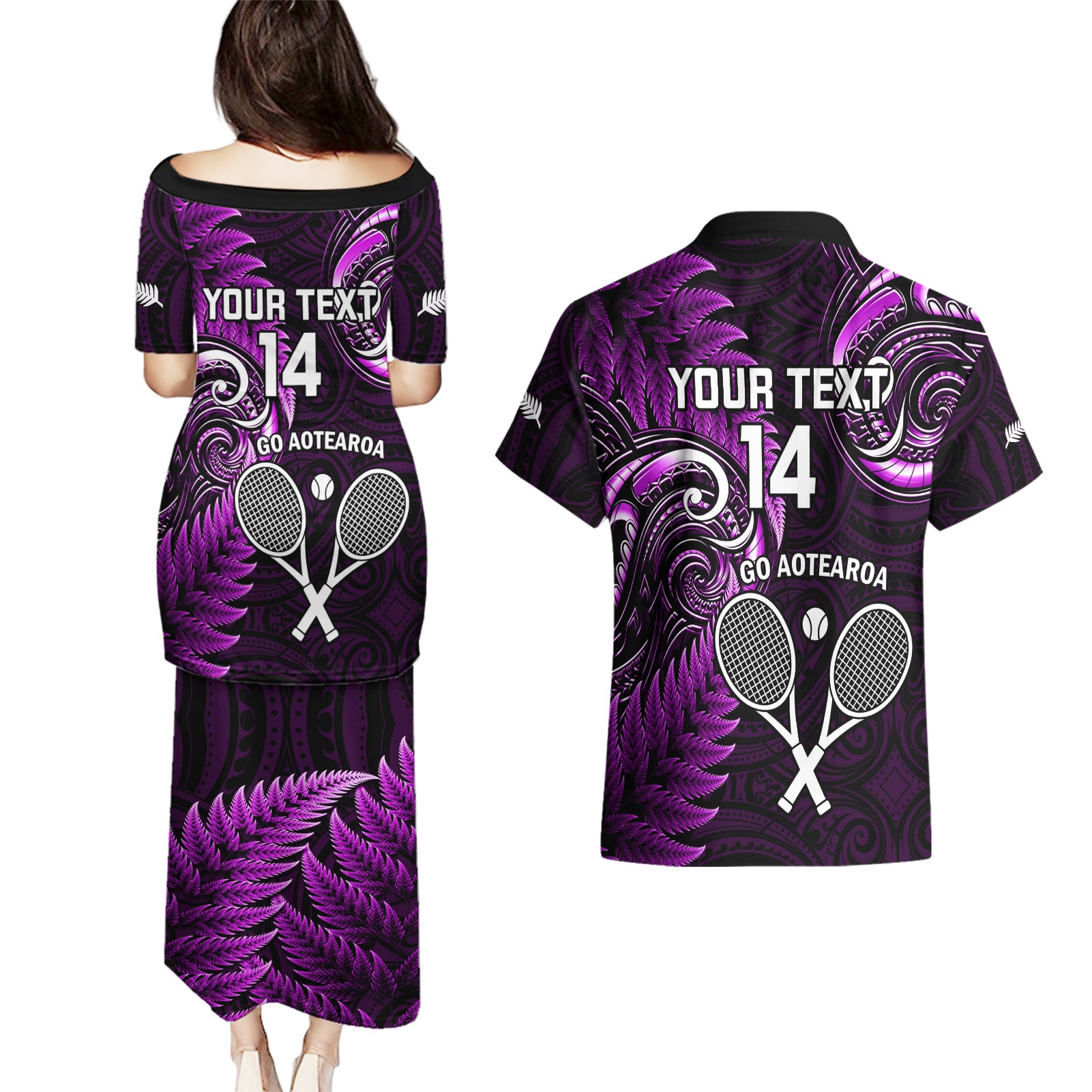 Custom New Zealand Tiki Tennis Couples Matching Puletasi and Hawaiian Shirt 2024 Aotearoa Tenehi Maori Silver Fern - Purple