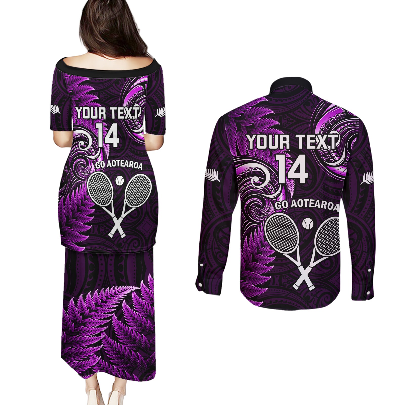 Custom New Zealand Tiki Tennis Couples Matching Puletasi and Long Sleeve Button Shirt 2024 Aotearoa Tenehi Maori Silver Fern - Purple