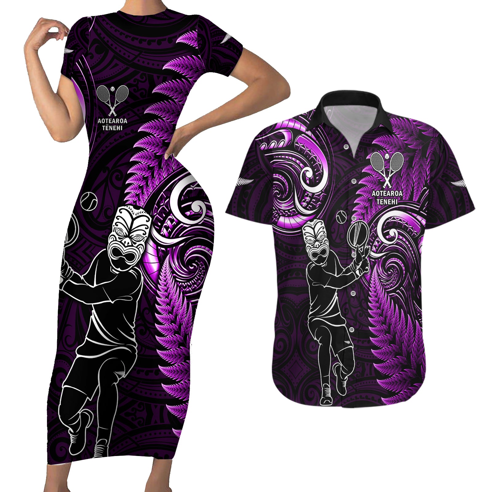 Custom New Zealand Tiki Tennis Couples Matching Short Sleeve Bodycon Dress and Hawaiian Shirt 2024 Aotearoa Tenehi Maori Silver Fern - Purple