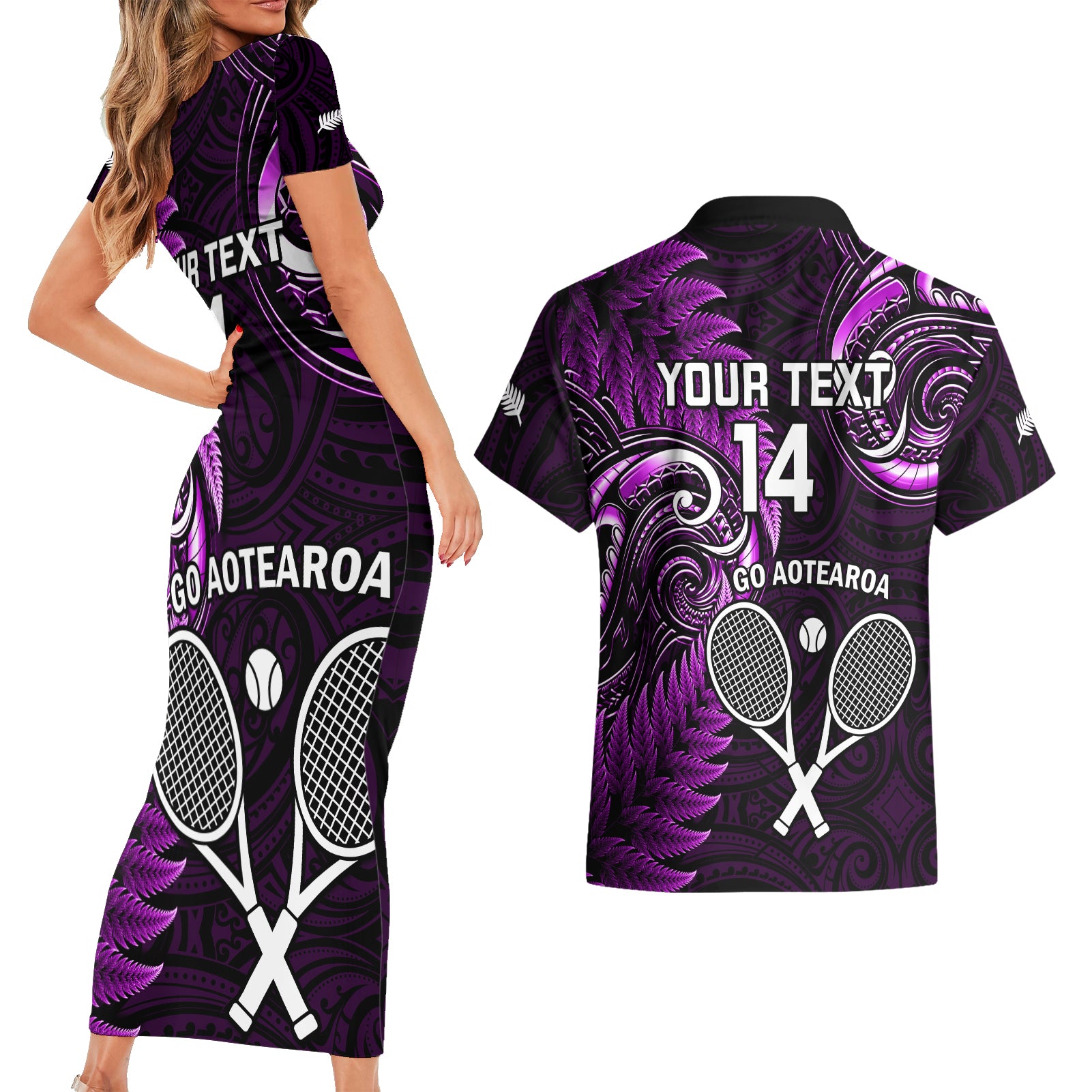 Custom New Zealand Tiki Tennis Couples Matching Short Sleeve Bodycon Dress and Hawaiian Shirt 2024 Aotearoa Tenehi Maori Silver Fern - Purple