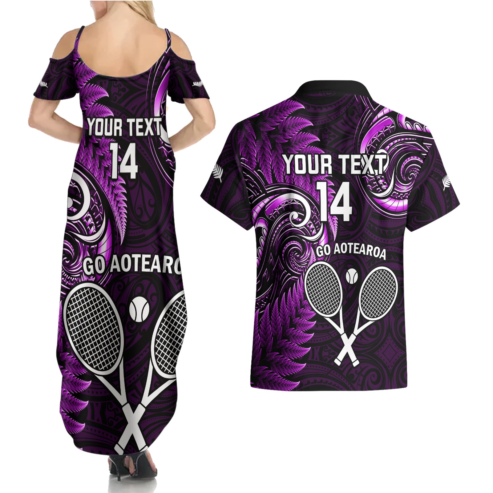 Custom New Zealand Tiki Tennis Couples Matching Summer Maxi Dress and Hawaiian Shirt 2024 Aotearoa Tenehi Maori Silver Fern - Purple