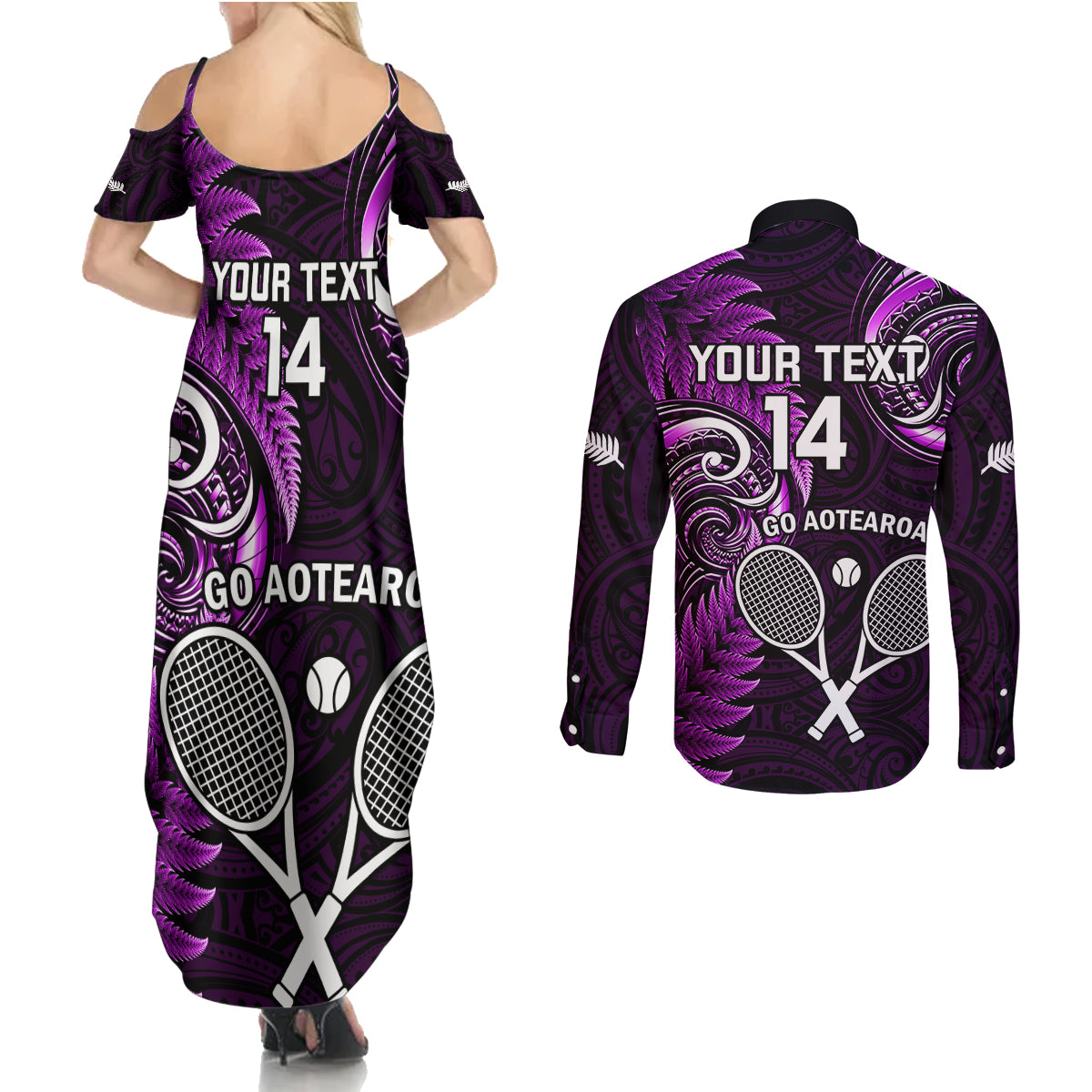 Custom New Zealand Tiki Tennis Couples Matching Summer Maxi Dress and Long Sleeve Button Shirt 2024 Aotearoa Tenehi Maori Silver Fern - Purple