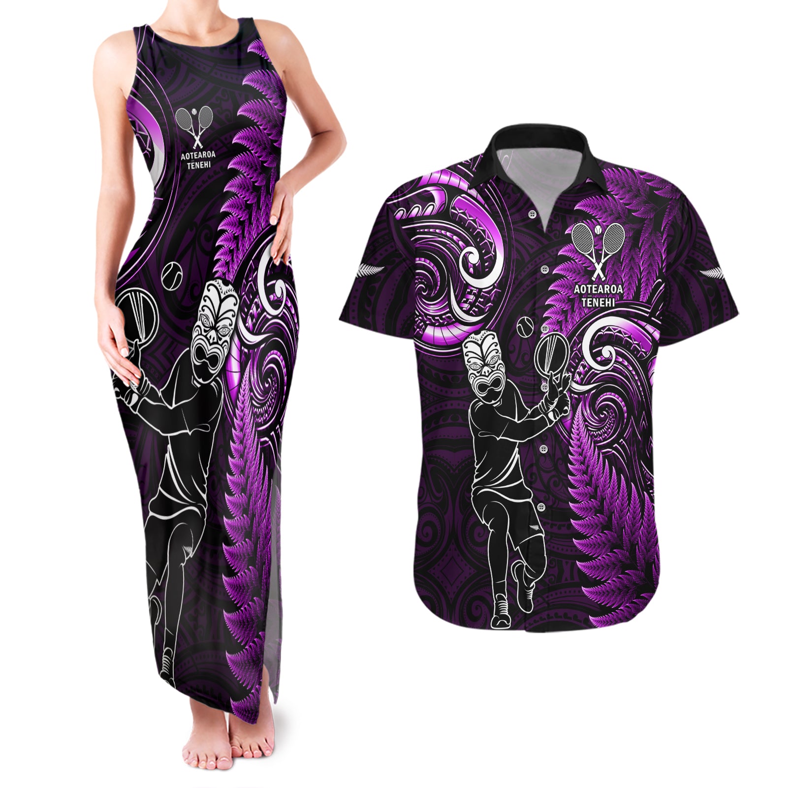 Custom New Zealand Tiki Tennis Couples Matching Tank Maxi Dress and Hawaiian Shirt 2024 Aotearoa Tenehi Maori Silver Fern - Purple