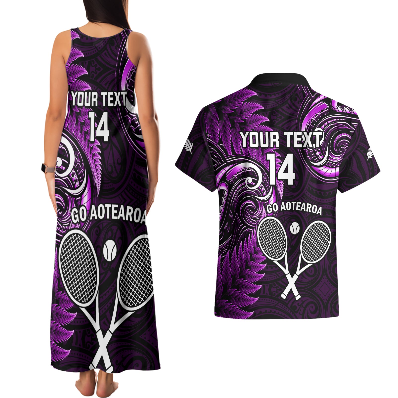 Custom New Zealand Tiki Tennis Couples Matching Tank Maxi Dress and Hawaiian Shirt 2024 Aotearoa Tenehi Maori Silver Fern - Purple