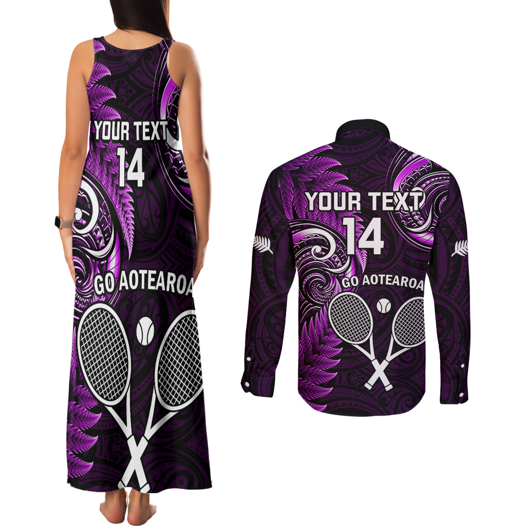 Custom New Zealand Tiki Tennis Couples Matching Tank Maxi Dress and Long Sleeve Button Shirt 2024 Aotearoa Tenehi Maori Silver Fern - Purple