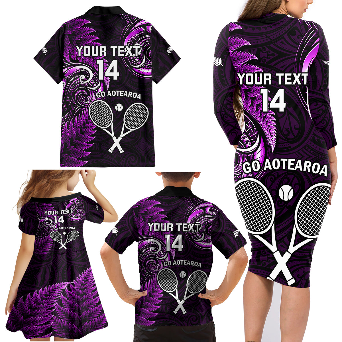 Custom New Zealand Tiki Tennis Family Matching Long Sleeve Bodycon Dress and Hawaiian Shirt 2024 Aotearoa Tenehi Maori Silver Fern - Purple