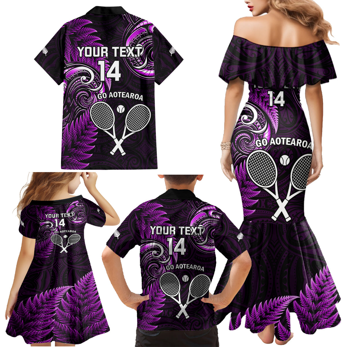 Custom New Zealand Tiki Tennis Family Matching Mermaid Dress and Hawaiian Shirt 2024 Aotearoa Tenehi Maori Silver Fern - Purple