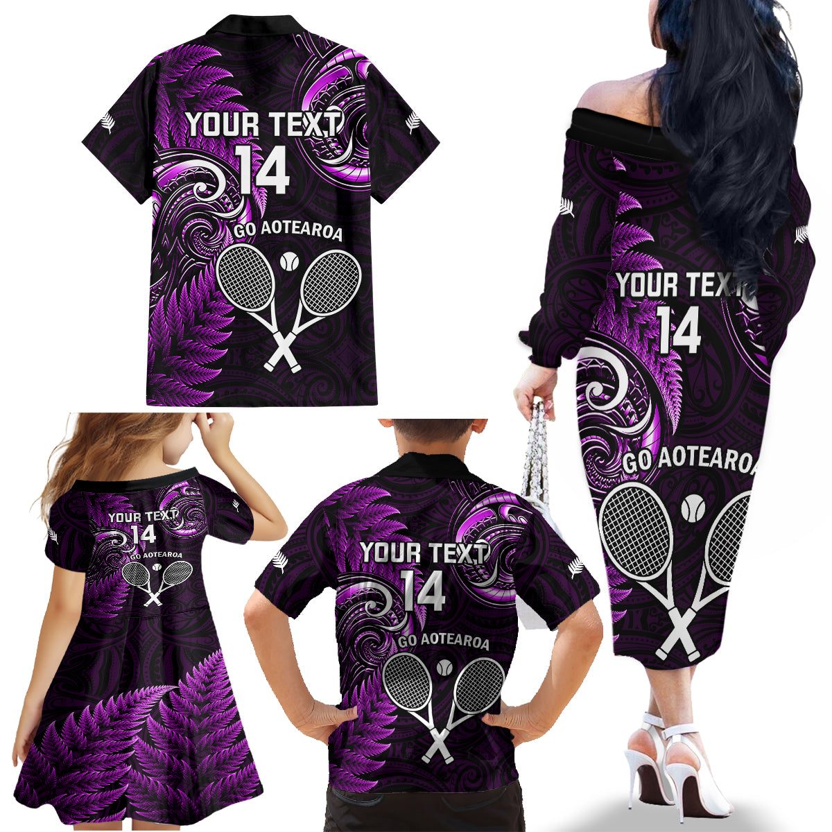 Custom New Zealand Tiki Tennis Family Matching Off Shoulder Long Sleeve Dress and Hawaiian Shirt 2024 Aotearoa Tenehi Maori Silver Fern - Purple