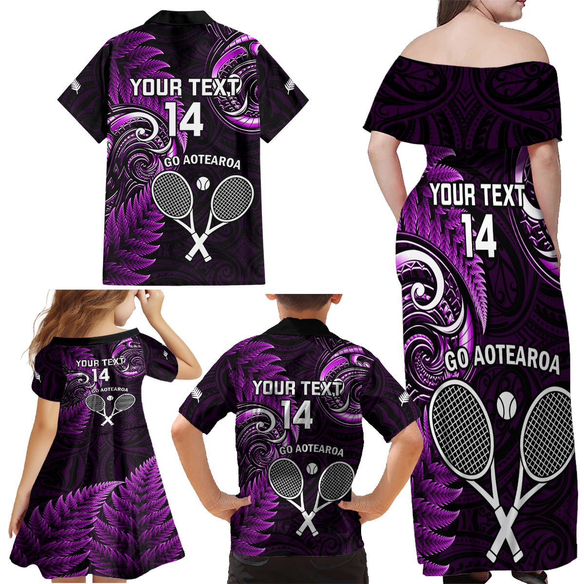 Custom New Zealand Tiki Tennis Family Matching Off Shoulder Maxi Dress and Hawaiian Shirt 2024 Aotearoa Tenehi Maori Silver Fern - Purple