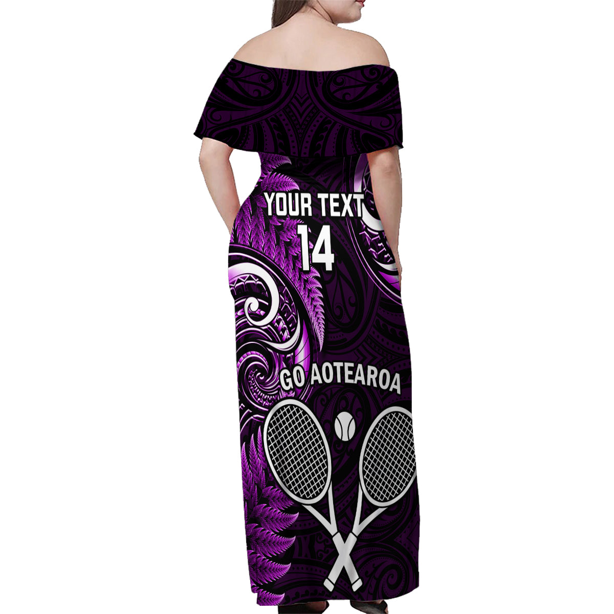 Custom New Zealand Tiki Tennis Family Matching Off Shoulder Maxi Dress and Hawaiian Shirt 2024 Aotearoa Tenehi Maori Silver Fern - Purple