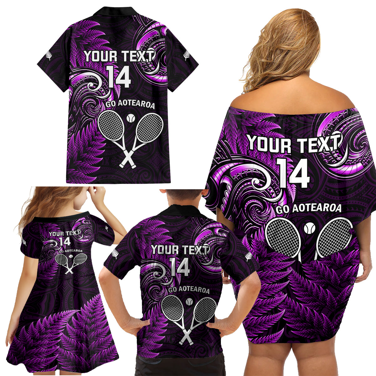 Custom New Zealand Tiki Tennis Family Matching Off Shoulder Short Dress and Hawaiian Shirt 2024 Aotearoa Tenehi Maori Silver Fern - Purple