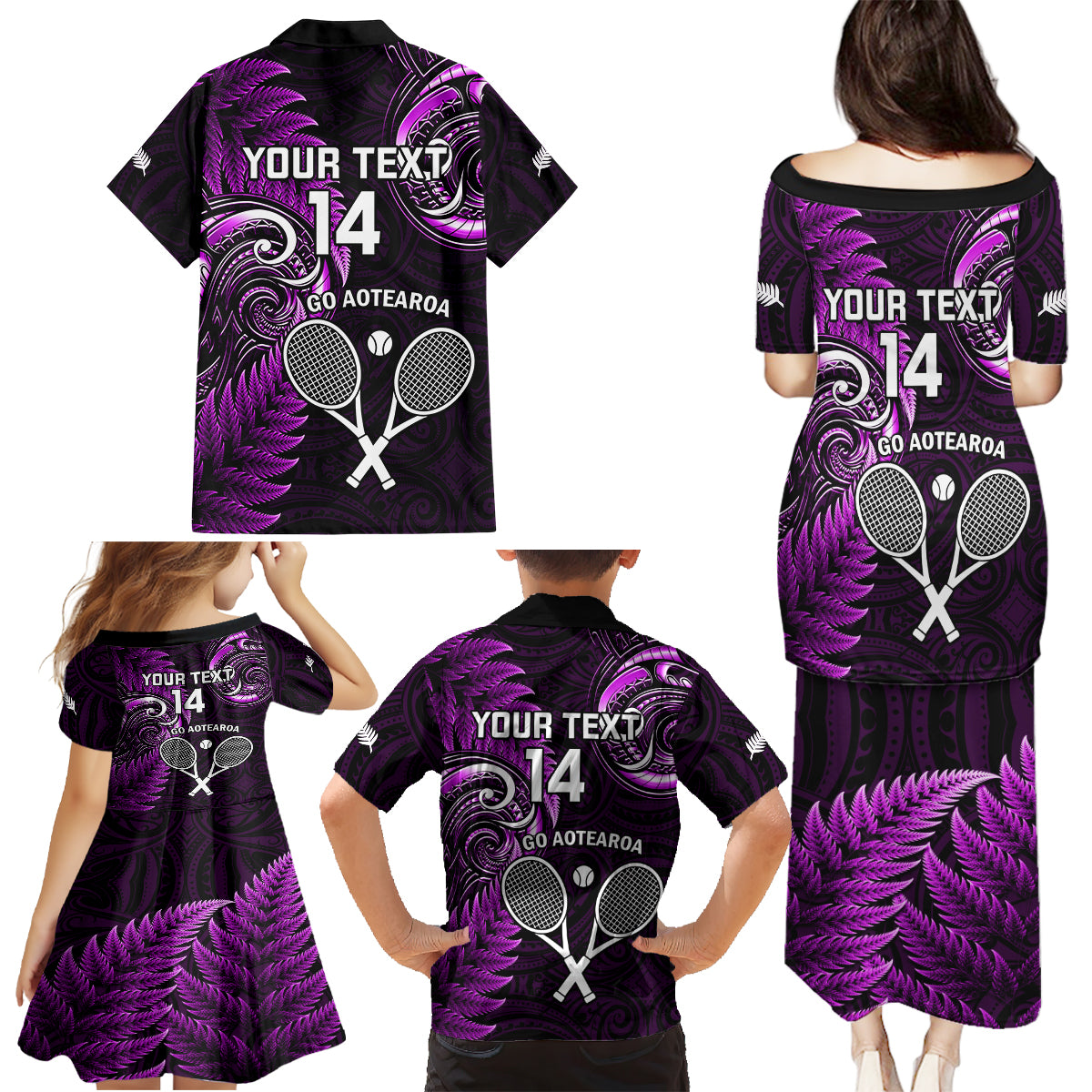 Custom New Zealand Tiki Tennis Family Matching Puletasi and Hawaiian Shirt 2024 Aotearoa Tenehi Maori Silver Fern - Purple