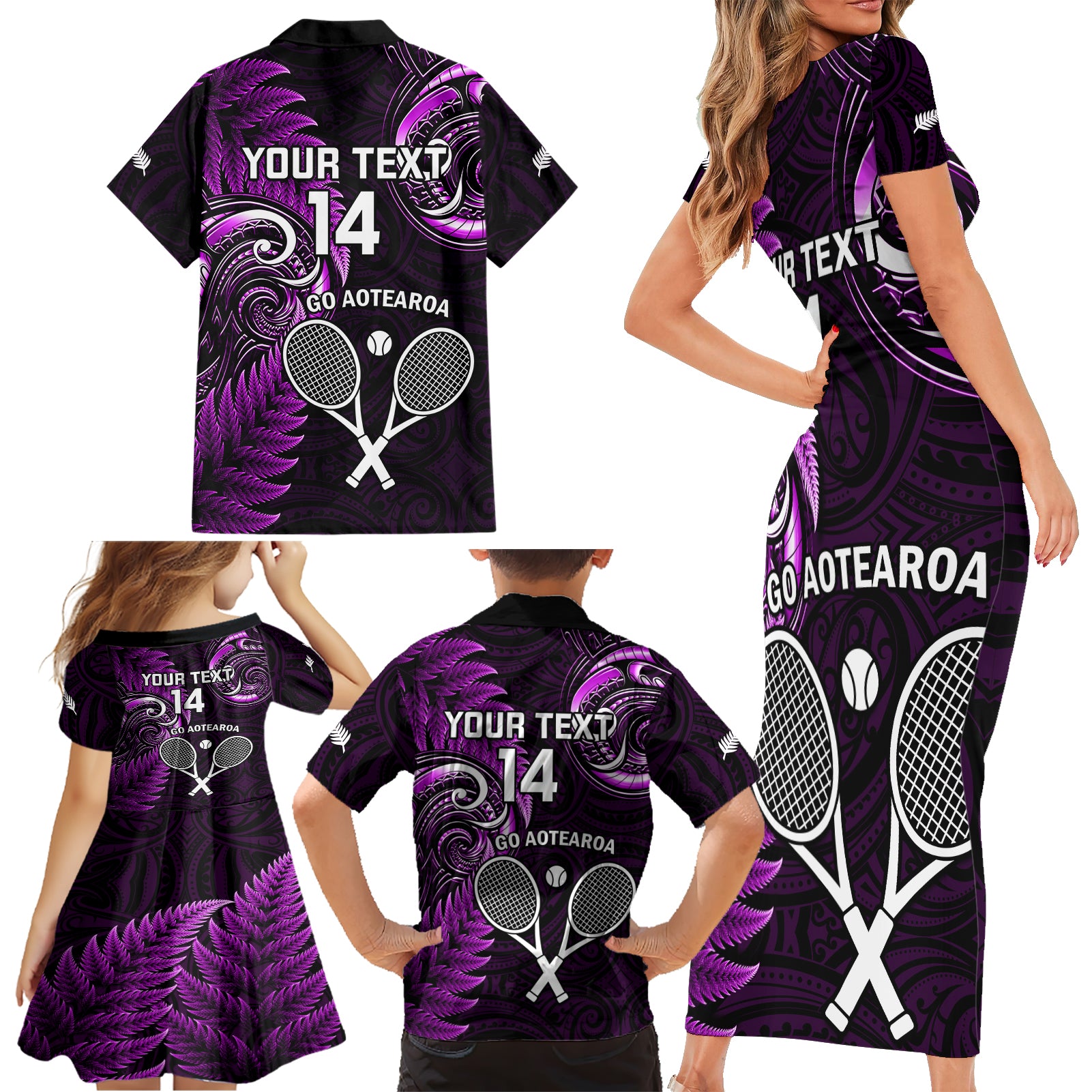 Custom New Zealand Tiki Tennis Family Matching Short Sleeve Bodycon Dress and Hawaiian Shirt 2024 Aotearoa Tenehi Maori Silver Fern - Purple