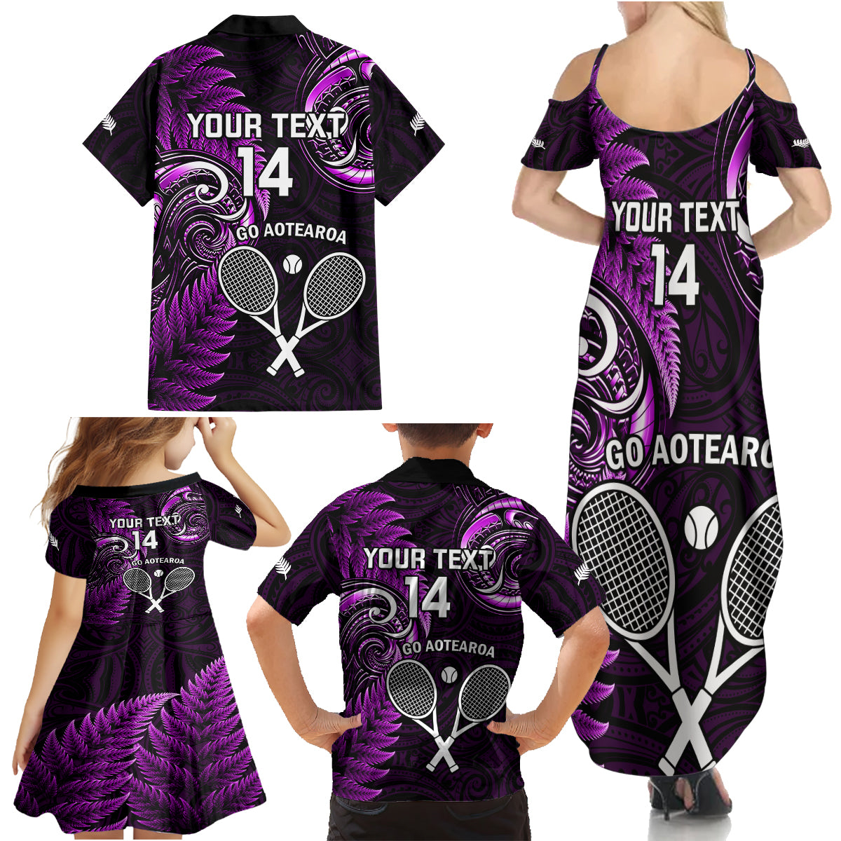 Custom New Zealand Tiki Tennis Family Matching Summer Maxi Dress and Hawaiian Shirt 2024 Aotearoa Tenehi Maori Silver Fern - Purple