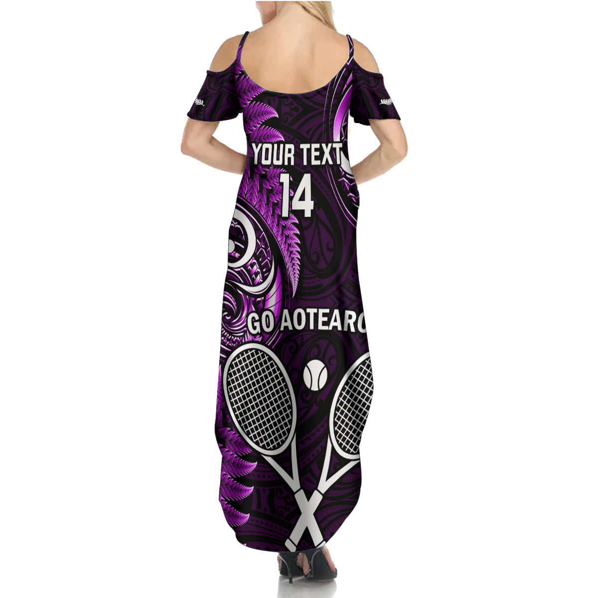 Custom New Zealand Tiki Tennis Family Matching Summer Maxi Dress and Hawaiian Shirt 2024 Aotearoa Tenehi Maori Silver Fern - Purple