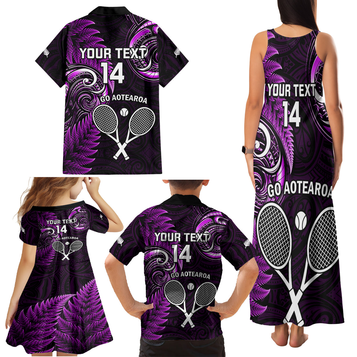 Custom New Zealand Tiki Tennis Family Matching Tank Maxi Dress and Hawaiian Shirt 2024 Aotearoa Tenehi Maori Silver Fern - Purple