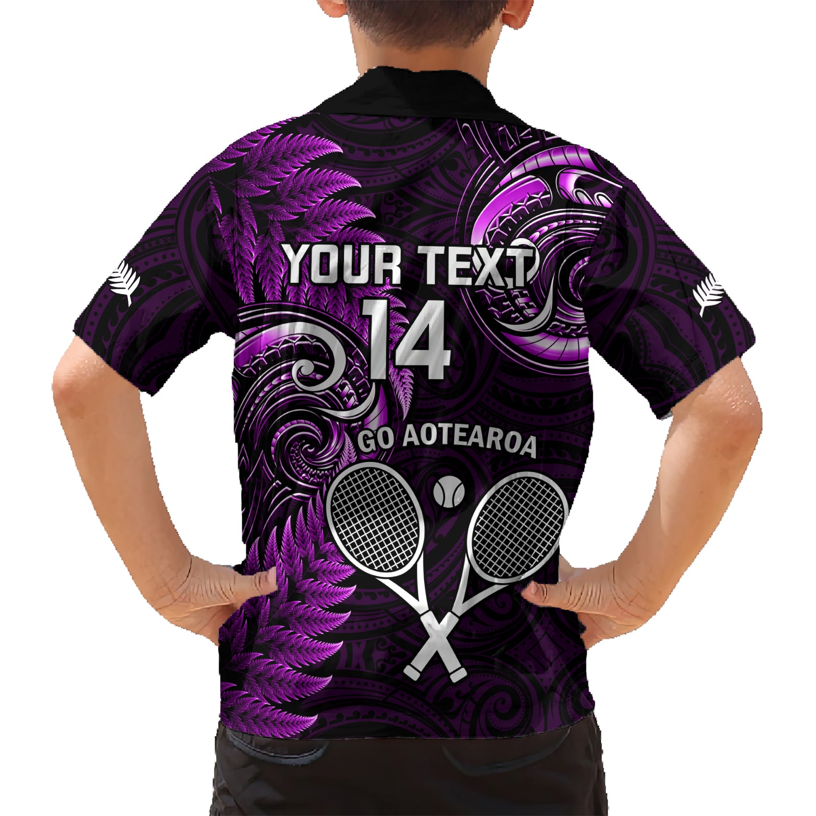 Custom New Zealand Tiki Tennis Kid Hawaiian Shirt 2024 Aotearoa Tenehi Maori Silver Fern - Purple